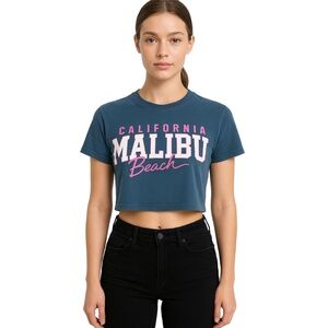 MIGHTY FINE Blue Graphic "California Malibu Beach" Crop T-shirt Womens XS